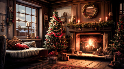 The cozy living room on Christmas Eve is decorated with a lit fireplace, a festive tree, and warm lighting in the background.