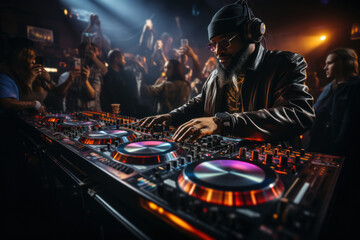A DJ spinning records at a nightclub, capturing the essence of electronic music culture. Generative Ai.