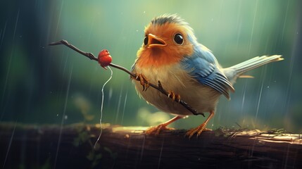 robin on a branch - obrazy, fototapety, plakaty