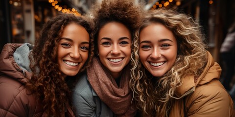 Obraz premium Multicultural happy friends having fun taking group selfie portrait on city street - Young diverse people celebrating laughing together outdoors - Happy lifestyle concept