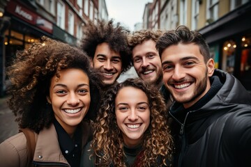 Multicultural happy friends having fun taking group selfie portrait on city street - Young diverse people celebrating laughing together outdoors - Happy lifestyle concept