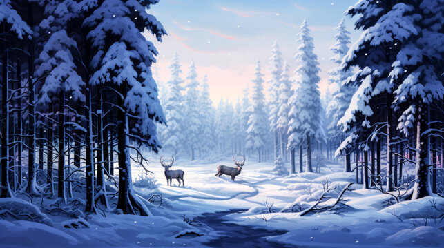 The image features a snowy pine forest under a blue twilight sky.