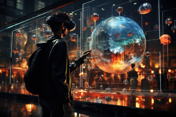 Obraz premium A person exploring a virtual art gallery in augmented reality, merging art with modern technology. Generative Ai.