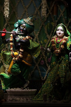 Goddess Radha and Lord krishna decorated with colourful flowers