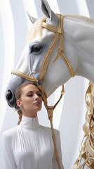 Woman and White Horse, gold and white, clean background, fashion photography. AI generative