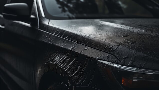 Black car covered in water droplets, generative AI