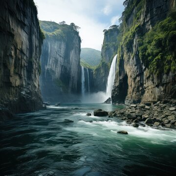 Beautiful waterfalls from various sides equipped with charming and exotic natural cliffs, can be used for wallpaper, blogs, websites, advertisements, etc. Ai generative image