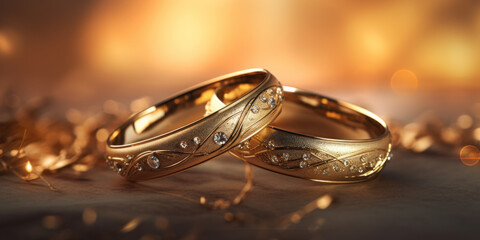 A pair of gold wedding rings with diamonds. Bokeh background. - obrazy, fototapety, plakaty
