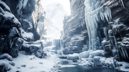 A frozen waterfall cascades down a rocky canyon, surrounded by icy cliffs and snow-covered trees in the wintery landscape. - obrazy, fototapety, plakaty