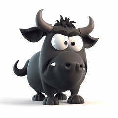 Black bull, funny cute black bull 3d illustration on white, creative avatar, unusual animal