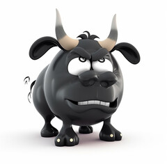 Black bull, funny cute black bull 3d illustration on white, creative avatar, unusual animal