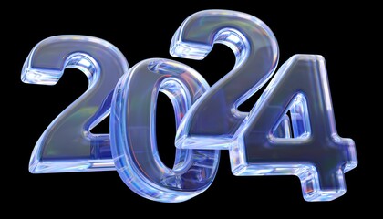 Happy New Year- glass numbers 2024 on a white background.