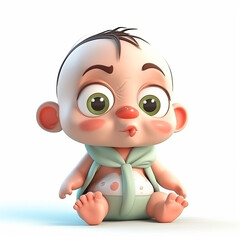 Funny cute cartoon infant baby small child 3d illustration on white background, creative avatar