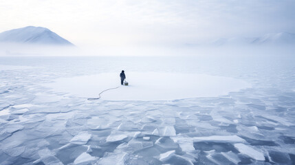 Fototapeta na wymiar A man is seen ice fishing in the Arctic, bundled up in warm clothing and surrounded by a snowy landscape.