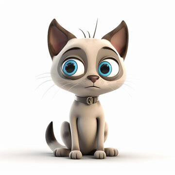 Funny cute cartoon Siamese cat kitten 3d illustration on white background, creative avatar