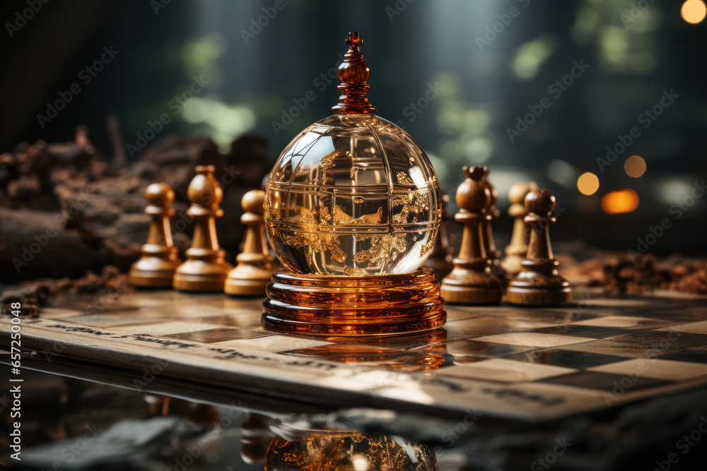 Poster a chessboard with pieces in positions that reflect ethical decision-making in a complex world. gener