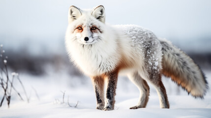 A white winter fox searches for food in the snow.