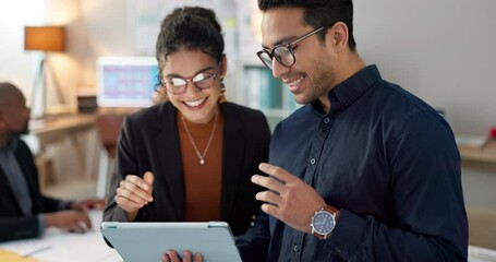 Team, planning and collaboration with tablet in office for meeting, digital marketing or review of online documents. Female leader, guidance or advice for idea, vision or plan of report for project