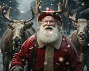Santa Claus with animals. Christmas holiday. Magical realistic close-up view. For poster-card and advertising. Creative illustration