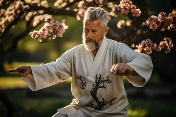 A person practicing Tai Chi in a serene park, highlighting the balance of movement and meditation for overall health. Generative Ai.