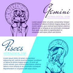 Collection of banners and templates with beautiful women. Concepts of zodiac, astrological signs.