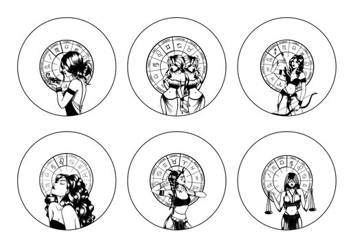 Set of monochrome symbols, icons with astrological signs and romantic beauty women. Zodiac symbols.