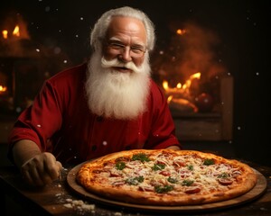 Santa Claus with food. Christmas holiday. Magical realistic close-up view. For poster-card and advertising. Creative illustration