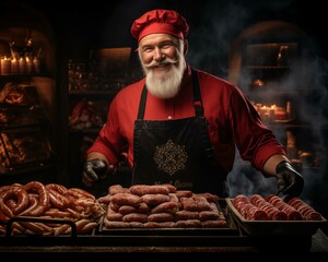 Santa Claus with food. Christmas holiday. Magical realistic close-up view. For poster-card and advertising. Creative illustration