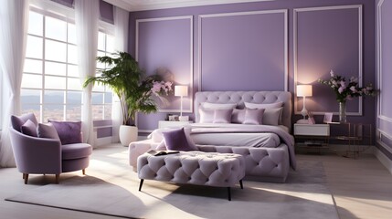 a bedroom with purple walls and a white bed. Bohemian interior Master Bedroom with Lavender color theme.