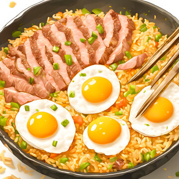 Fried rice with eggs and meat that smells delicious.