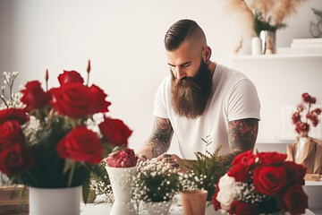 Attractive man florist creating bouquet in flower shop. Small business