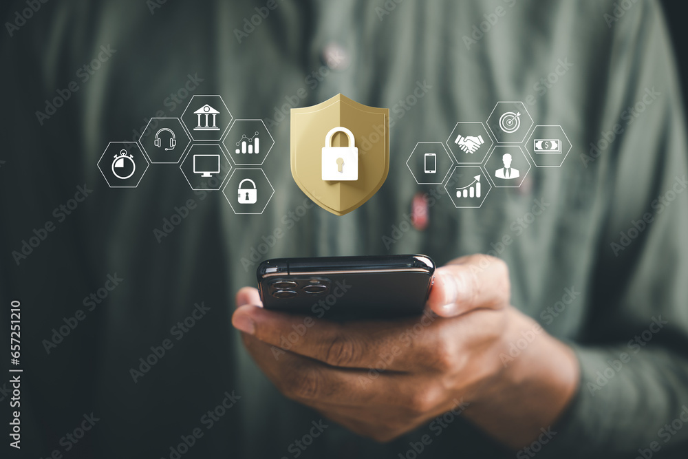 Poster prioritize data protection and privacy in digital age. businessmen safeguard personal information on