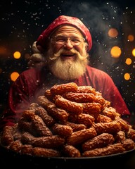 Santa Claus with food. Christmas holiday. Magical realistic close-up view. For poster-card and advertising. Creative illustration