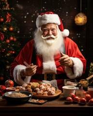Santa Claus with food. Christmas holiday. Magical realistic close-up view. For poster-card and advertising. Creative illustration