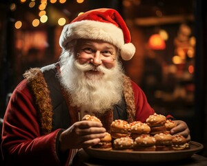 Santa Claus with food. Christmas holiday. Magical realistic close-up view. For poster-card and advertising. Creative illustration