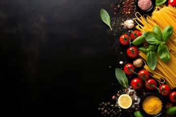 Obraz na płótnie Canvas Culinary background with traditional ingredients of italian cuisine pasta, tomatoes, garlic, olive oil, parmesan cheese, basil on a black slate, stone or concrete table. Top view Generative AI