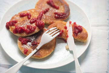 Breakfast pancakes with raspberry sauce  - 657252288