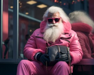 Santa Claus glamorous fashionable modern. Christmas holiday. Magical realistic close-up view. For poster-card and advertising. Creative illustration