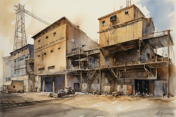Fototapeta na wymiar A watercolor depicting a factory shop with tall metal structures, hoisting winches, and cranes. Generative AI