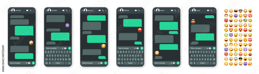 Poster smartphone messaging app, user interface with emoji. sms text frame. chat screen, green message bubb