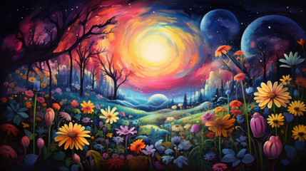 Fototapeta premium Abstract Cosmic Garden Fairytale With Radiant Sun And Boho Flowers Amidst Galaxies. Cosmic Fairytale Landscape Background. Generative AI