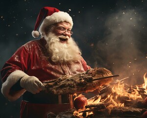 Santa Claus with food. Christmas holiday. Magical realistic close-up view. For poster-card and advertising. Creative illustration