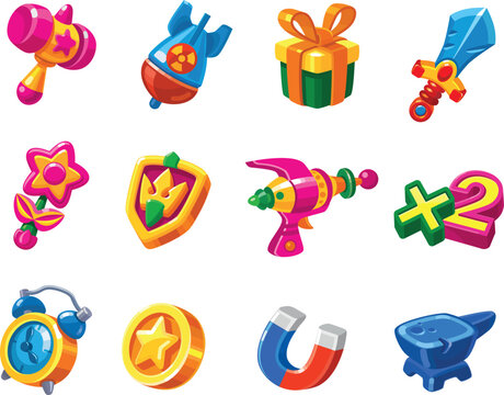 A variety of gaming icons in a set. Boosters for computer mobile games. Bright symbols for a casual game. Can be used in mobile or web games