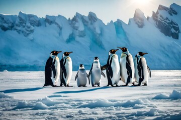 A family of penguins huddled together on an Antarctic ice shelf
