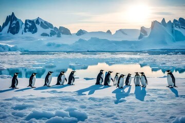 A family of penguins huddled together on an Antarctic ice shelf