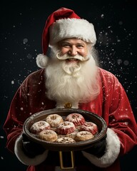 Santa Claus with food. Christmas holiday. Magical realistic close-up view. For poster-card and advertising. Creative illustration
