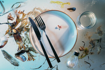 Invitation to a seafood dinner, plate with cutlery, water and salt shaker among seaweed, shells and...
