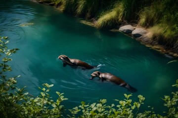 A transparent river with playful otters swimming and diving