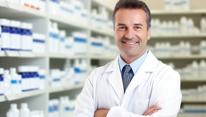 Portrait of a smiling male pharmacist standing with arms crossed in drugstore