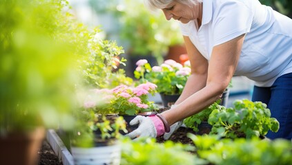 Senior woman working in her garden on a sunny day, planting flowers - obrazy, fototapety, plakaty